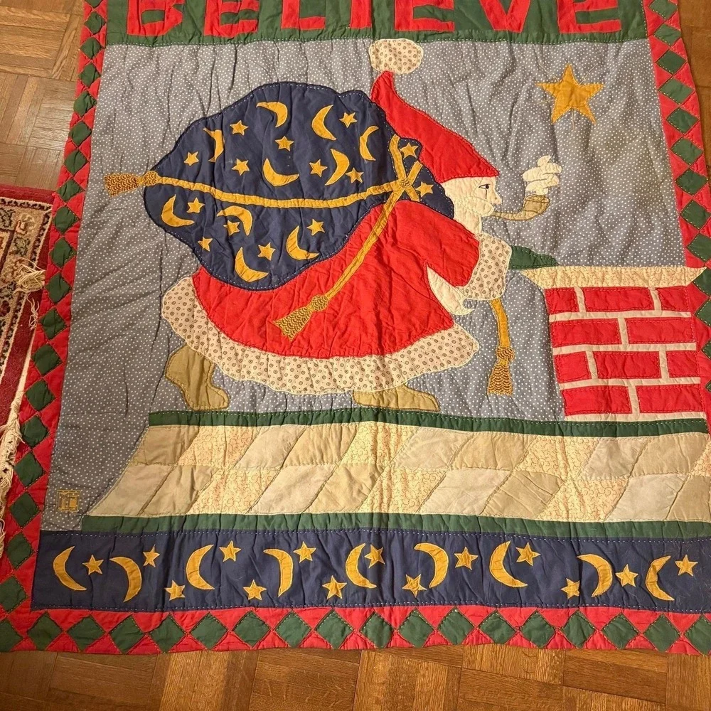 Vtg Mary Engelbreit Believe Santa throw quilt-whimsical holiday tapestry throw